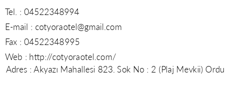 Otel Cotyora telefon numaralar, faks, e-mail, posta adresi ve iletiim bilgileri